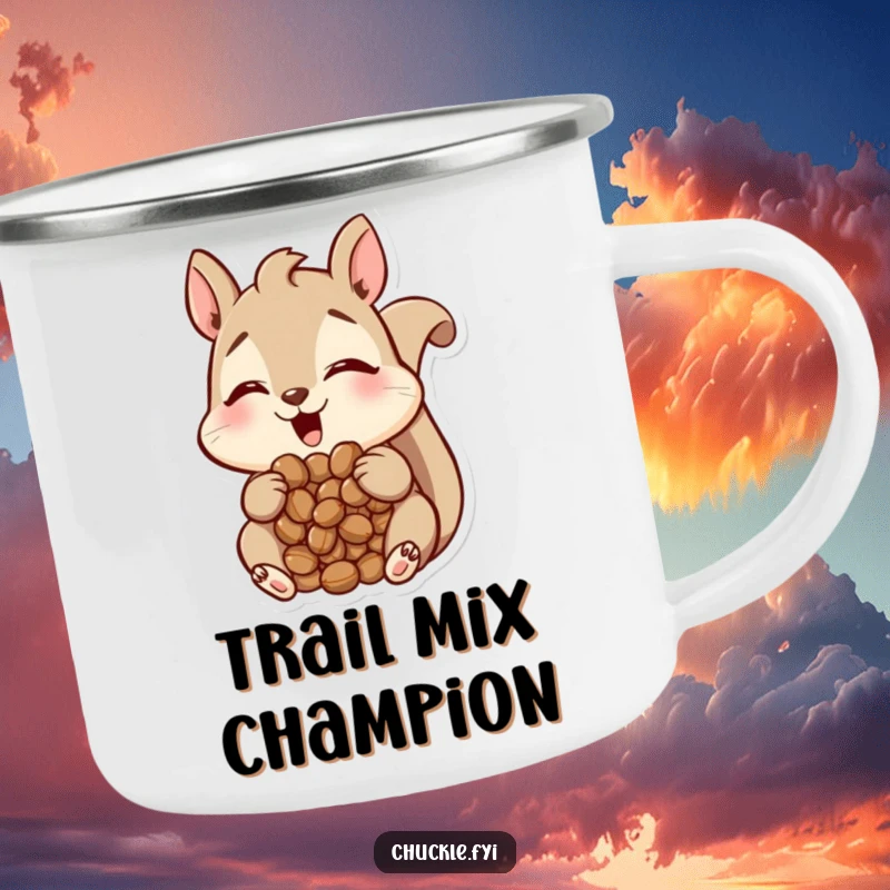 Funny Squirrel Camping Mug featuring a happy squirrel with a mouth full of nuts, looking amused, perfect for outdoor use, a durable and funny gift.