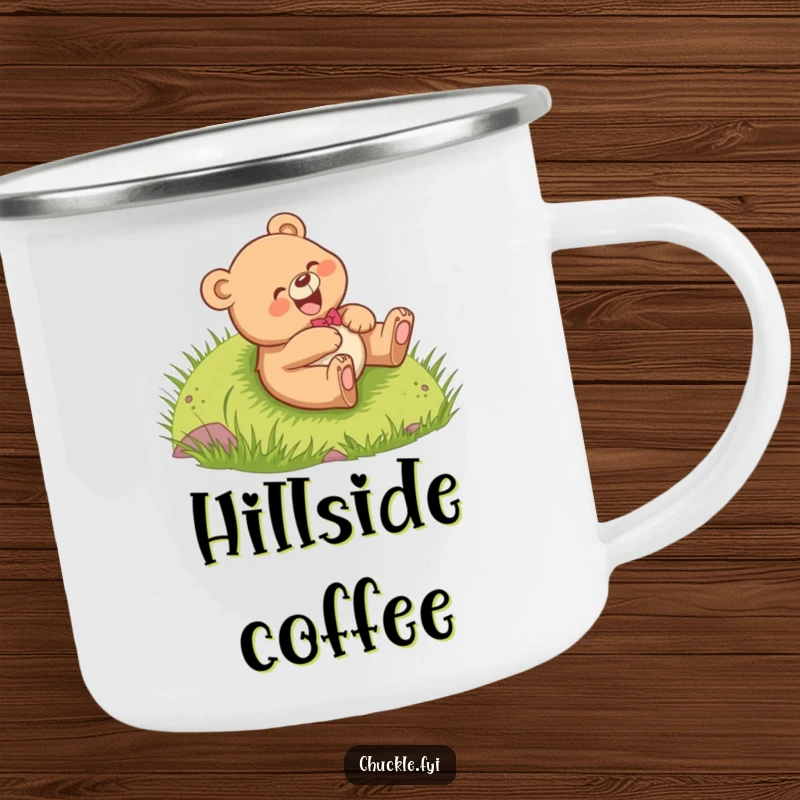 Funny Bear Cub Camping Mug featuring a cheerful cub giggling while rolling down a hill, perfect for outdoor use, a durable and funny gift.