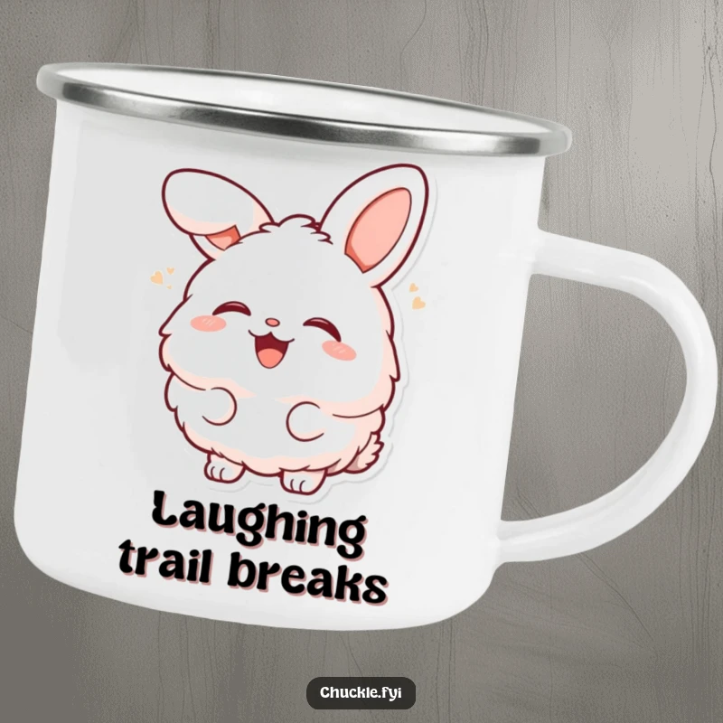 Funny fluffy bunny character laughing heartily with head tilted back on a camping mug, ready for any adventure.