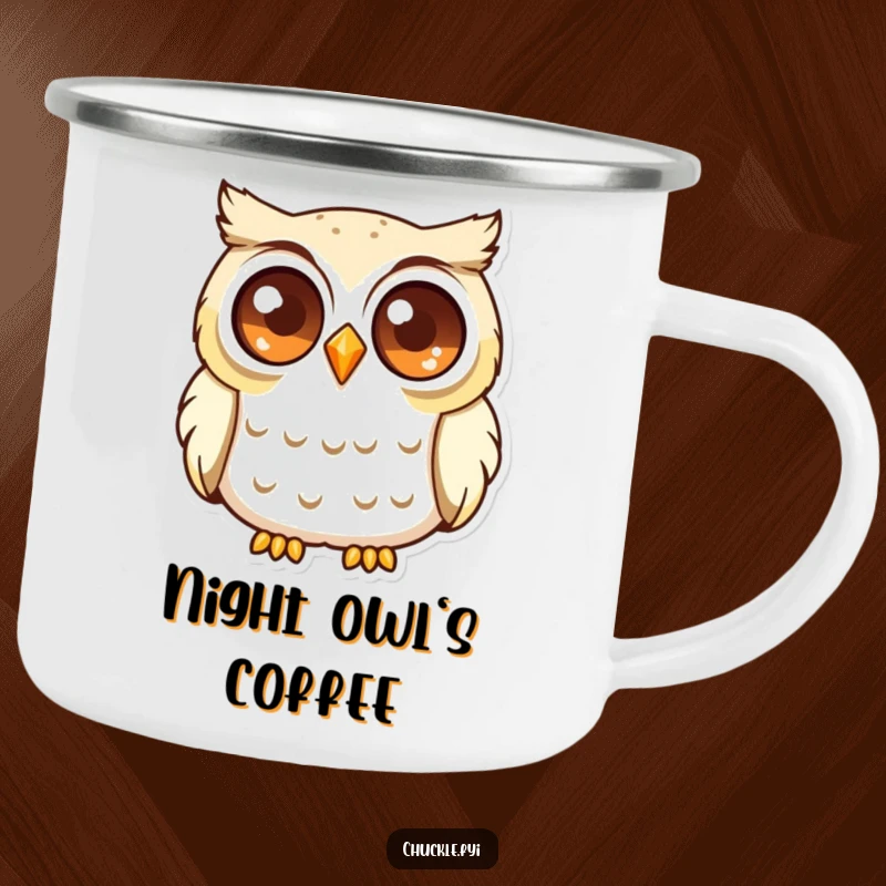 Funny Curious Owl Camping Mug with a wise owl’s sparkling eyes mid-chuckle, durable and witty outdoor gear.