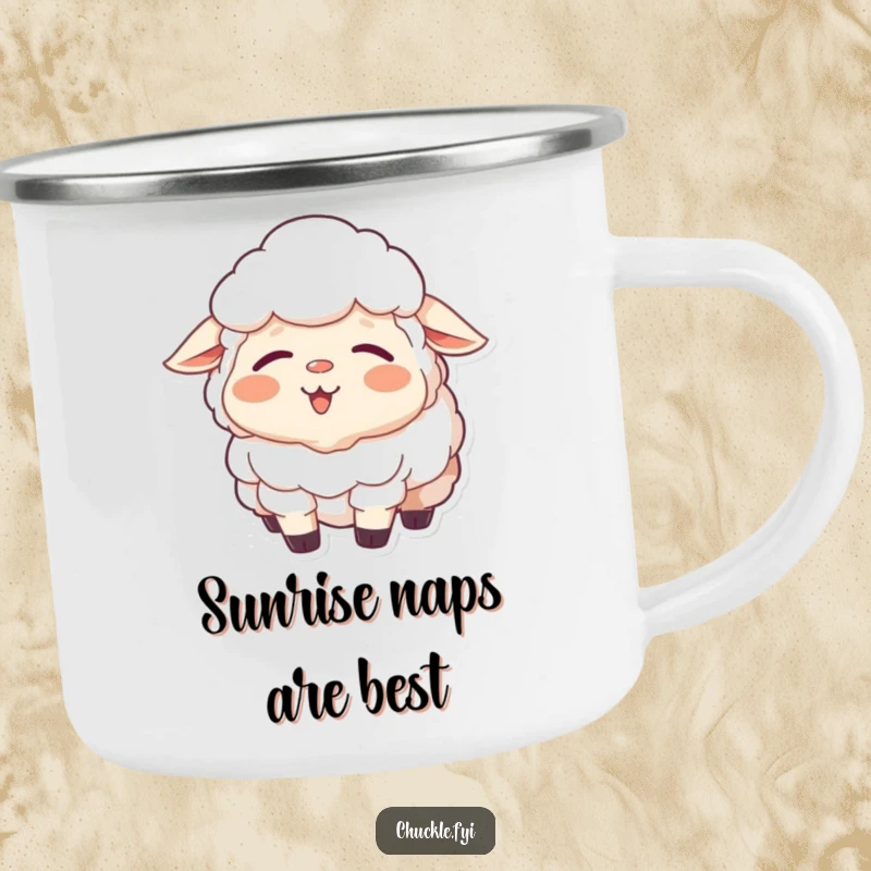 Funny Sheep Camping Mug: A sleepy sheep yawning with a contented smile, perfect for cozy outdoor moments.