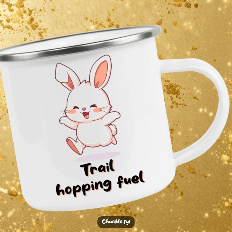 Funny Fluffy Bunny Camping Mug featuring a character hopping with joy, perfect for outdoor use, a durable and funny gift.
