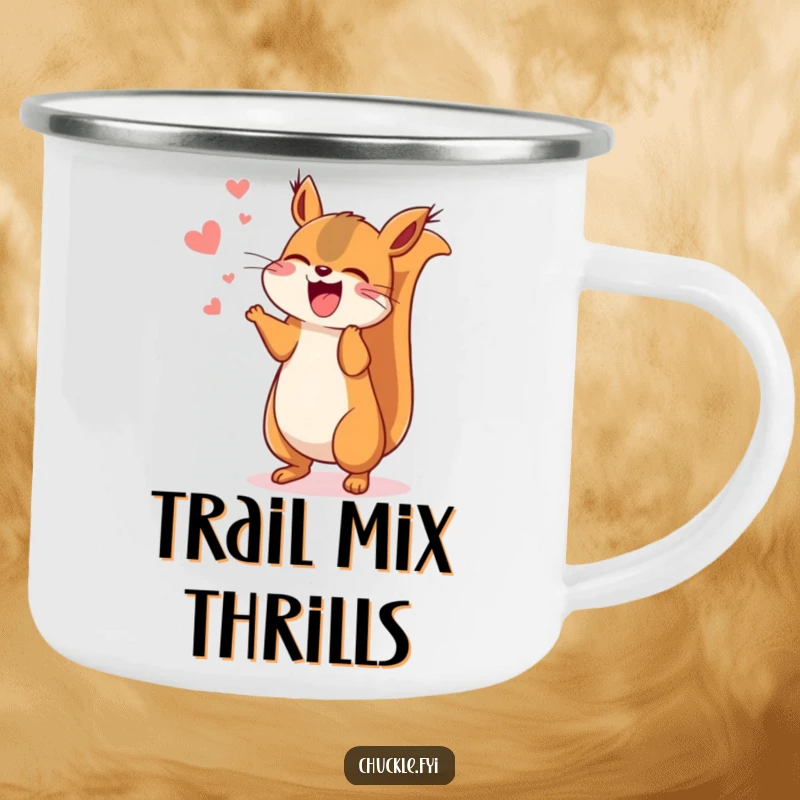 Funny Kawaii squirrel camping mug featuring a cute squirrel chattering joyfully, jumping with amusement, ready for outdoor fun.