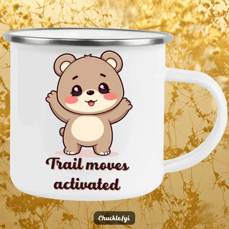 Funny camping mug: a cheerful bear cub with sparkling eyes performing a silly, bouncy dance. Ready for adventure.