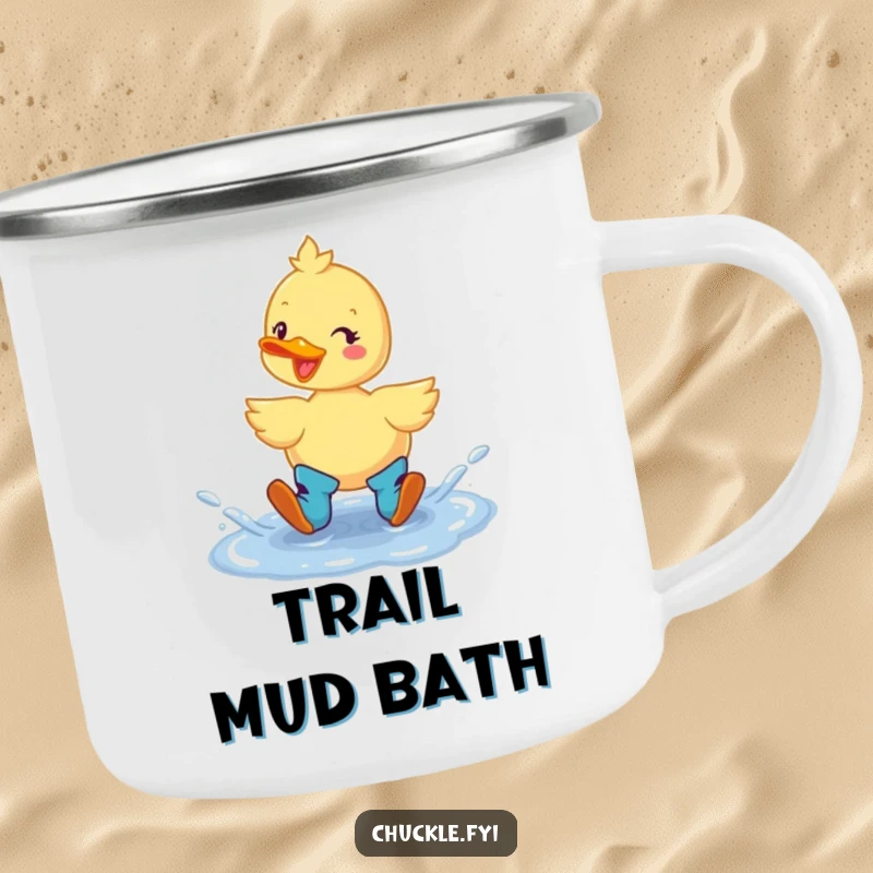 Funny Duck Boots Camping Mug: A cheerful duck in boots splashing in a puddle, perfect for outdoor use with a humorous twist.
