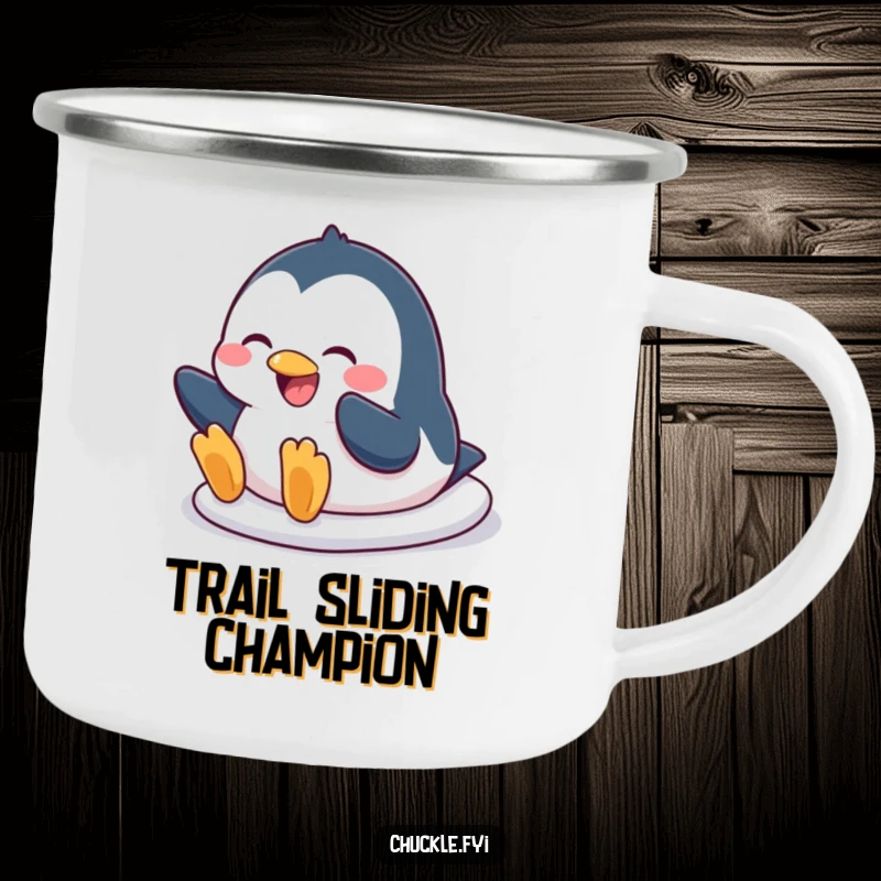Funny penguin camping mug with a character doing a comical belly slide and a broad grin, perfect for rugged, humorous use.