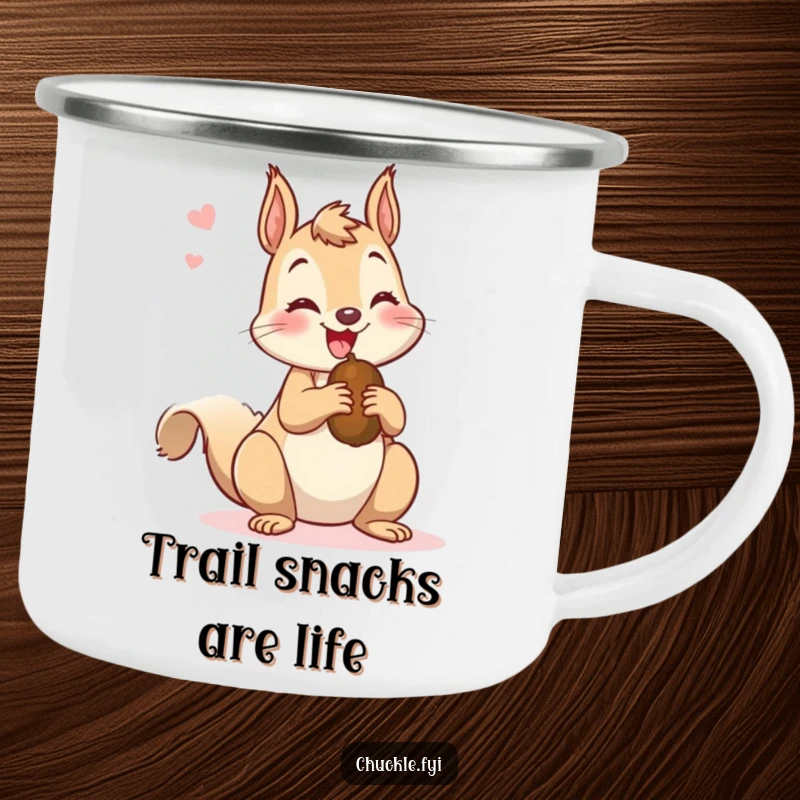 Funny camping mug featuring a mischievous squirrel chattering happily while holding a nut, perfect for outdoor laughs and warm drinks.