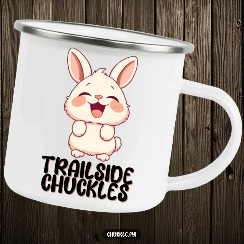 Funny Fluffy Bunny Camping Mug with a rabbit's perked ears mid-guffaw, durable and amusing outdoor gear.