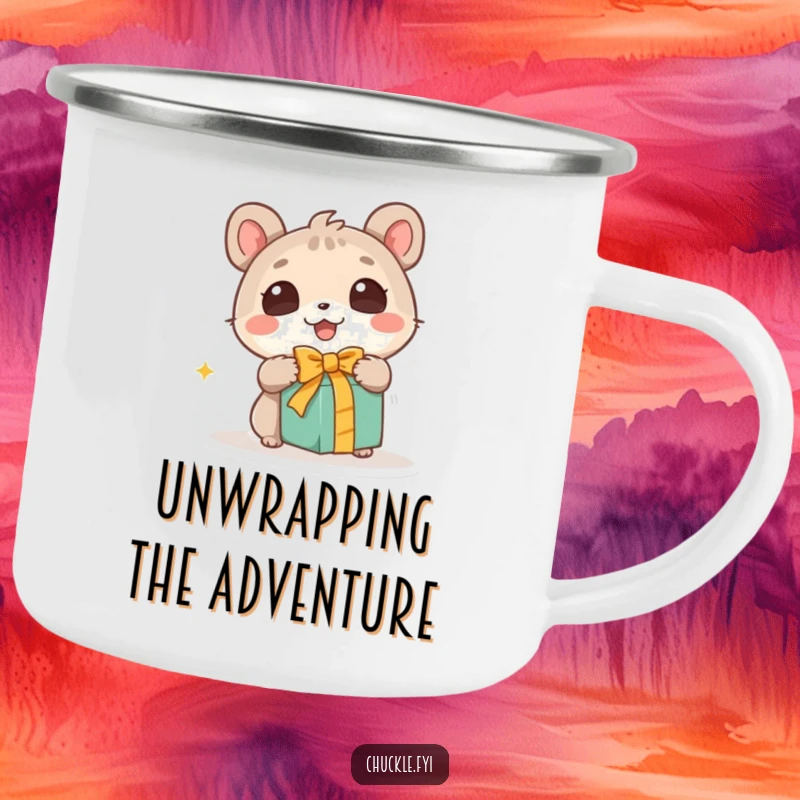 Funny camping mug depicting a cute animal character with wide, wondering eyes excitedly unwrapping a gift, perfect for adding humor to outdoor activities.
