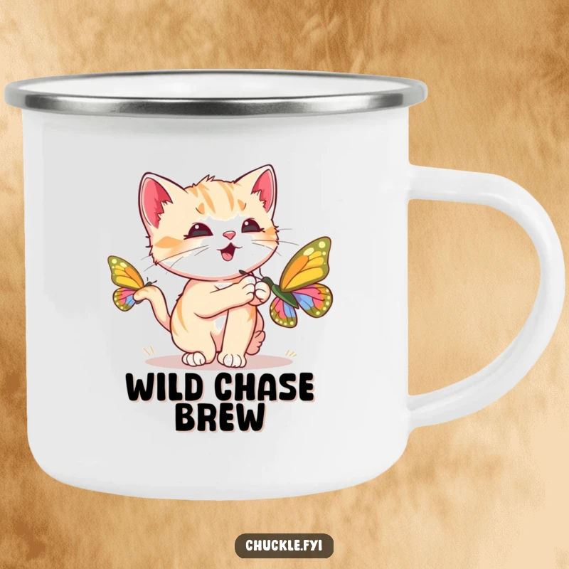 Funny Kitten Camping Mug featuring a curious kitten chasing a butterfly and purring loudly, perfect for outdoor use, a durable and funny gift.
