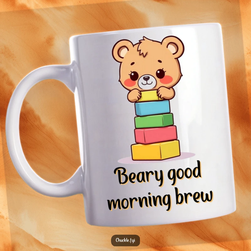 Funny bear cub mug showing a determined, brave cub trying to balance a tall, colorful, wobbly stack of blocks.