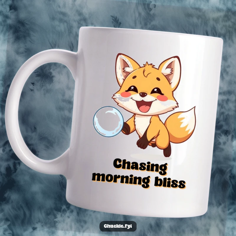 Funny mug showing a playful fox cub with a huge grin joyfully chasing a floating, iridescent bubble. Pure delight.
