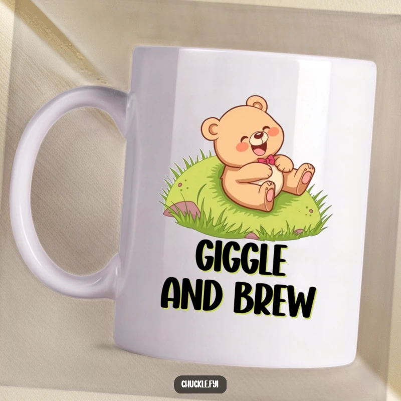 Funny Bear Cub Mug with a cheerful cub giggling while rolling down a grassy hill, capturing pure joy, a funny gift.