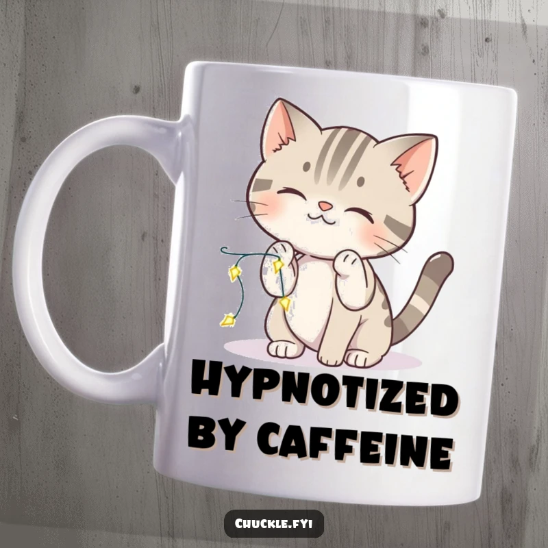 Funny cat mug showing a curious cat playfully batting at tiny, sparkling lights with its paw, full of wonder.