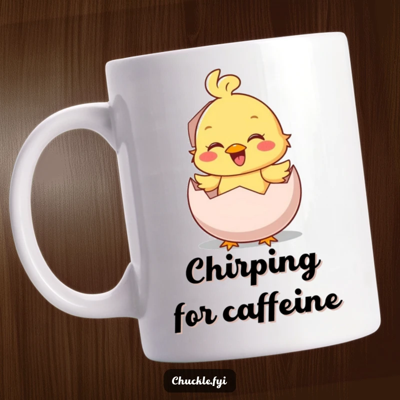 Funny Mug: A smiling, newly hatched chick character emerges from an egg with a boisterous chirp, symbolizing new beginnings.
