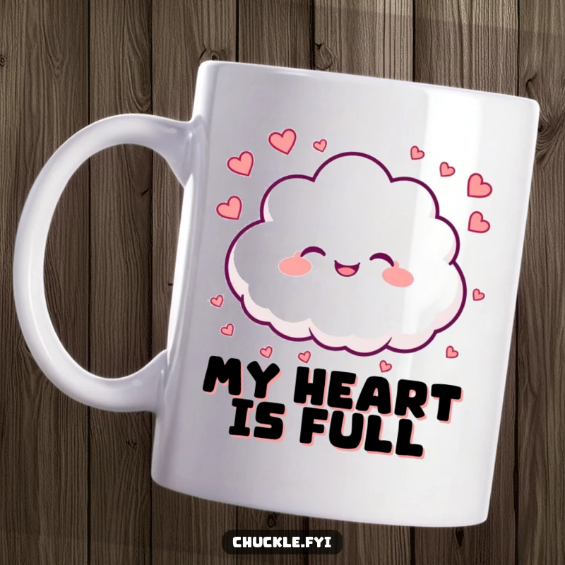 Funny mug displaying a fluffy cloud character beaming with joy, raining tiny heart shapes, embodying pure love and happiness.