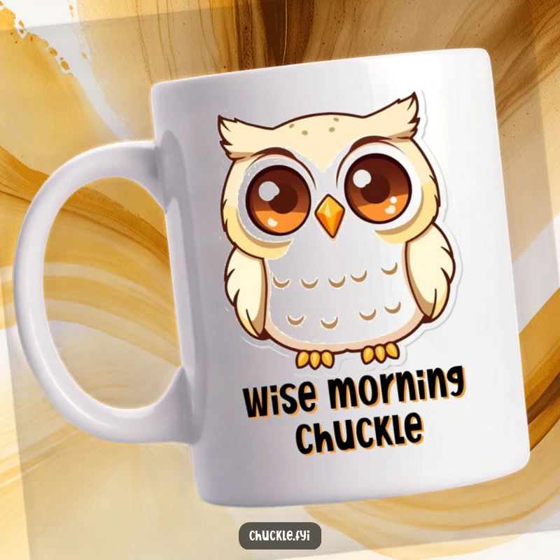 Funny Curious Owl Mug with large, sparkling eyes, softly chuckling, exuding intelligence and gentle humor.