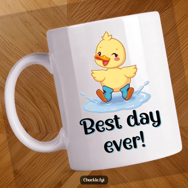 Funny Duck Boots Mug: A cheerful duck in boots joyfully splashing in a puddle, radiating pure delight and playful energy.