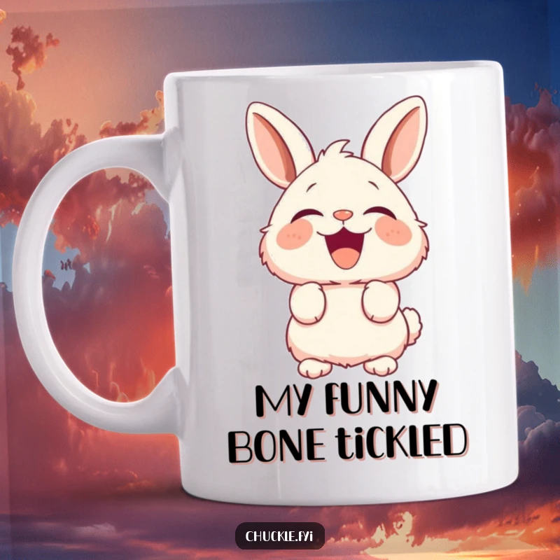 Funny Bunny Mug with perked ears erupting in infectious laughter, capturing pure joyful delight and humor.