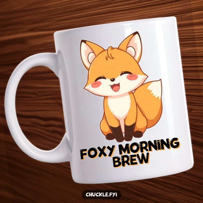 Funny giggling fox character with its tail wagging in delight, featured on a charming mug.