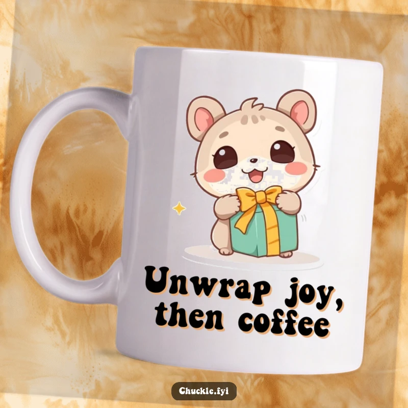 Funny mug showing a cute animal character with wide, wondering eyes excitedly unwrapping a gift, embodying pure delight and anticipation.