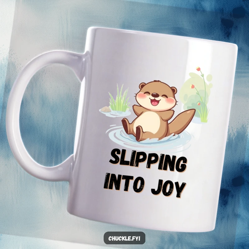 Funny Mug: A joyful otter character gleefully slides down a smooth riverbank, symbolizing pure fun and happiness.