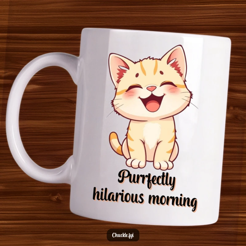 Funny mug: a happy kitten with perked ears caught mid-burst of uncontrollable laughter. Pure feline amusement.
