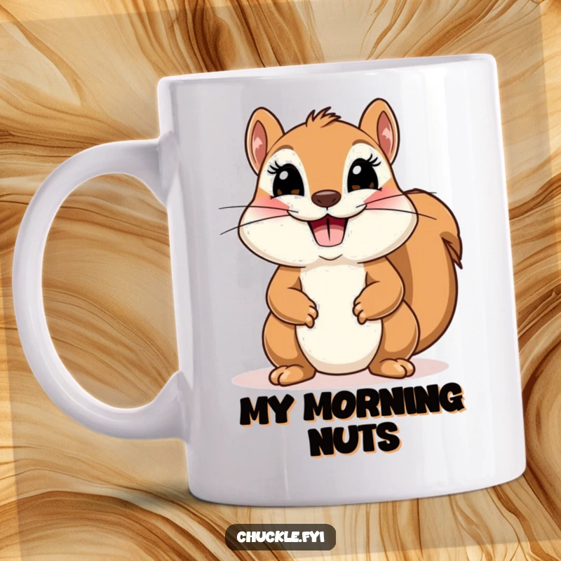Funny mug featuring a cute squirrel with a huge smile performing a comical and theatrical bow with great enthusiasm.