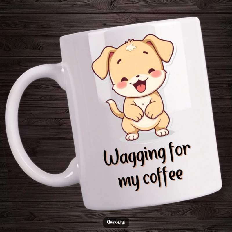 Funny playful puppy character wiggling its entire body due to extreme tail wagging, on a mug.
