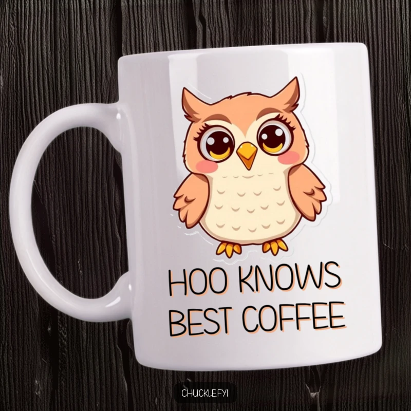 Funny Owl Mug: A jovial owl with enormous, wide eyes, letting out a delighted hoot, full of pure, funny joy.