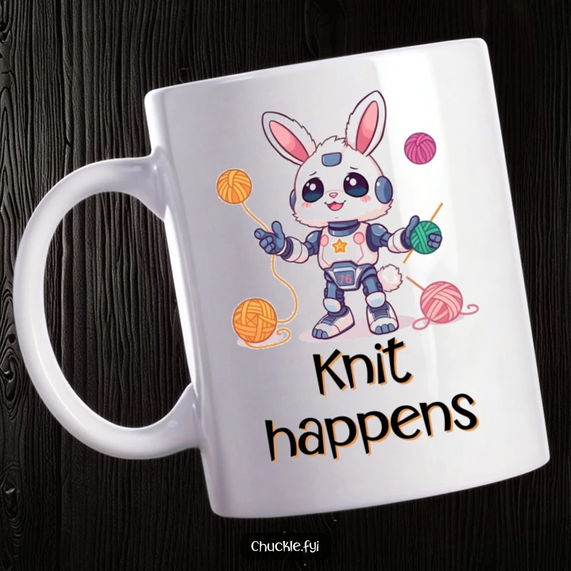 Funny Mug featuring a fluffy bunny robot joyfully juggling colorful balls of yarn. A cute and whimsical design for crafters and tech lovers.