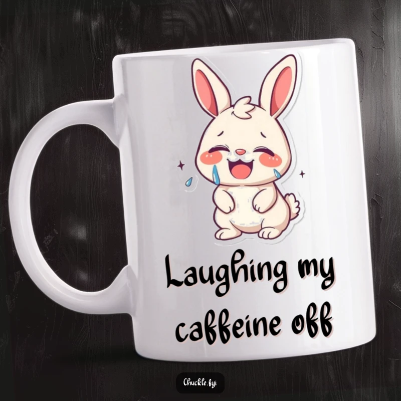 Funny kawaii bunny giggling uncontrollably, with tears of joy streaming down its face, on a mug, pure happiness.