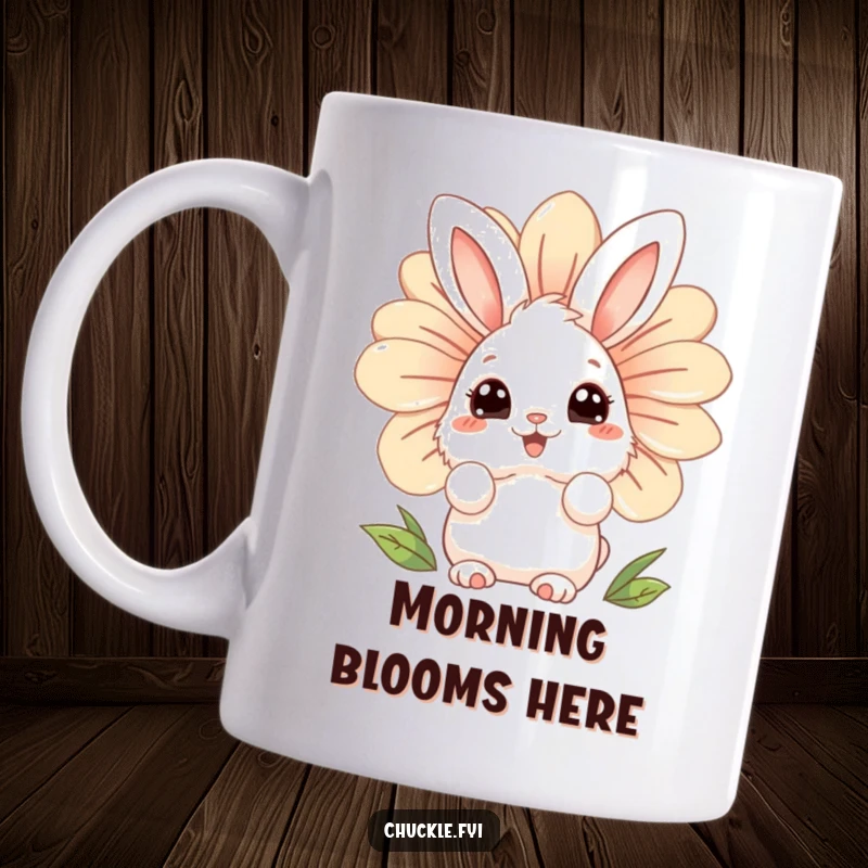 Funny fluffy bunny character with wide, curious eyes, peeking from behind a giant, laughing flower, exuding curiosity and charm.