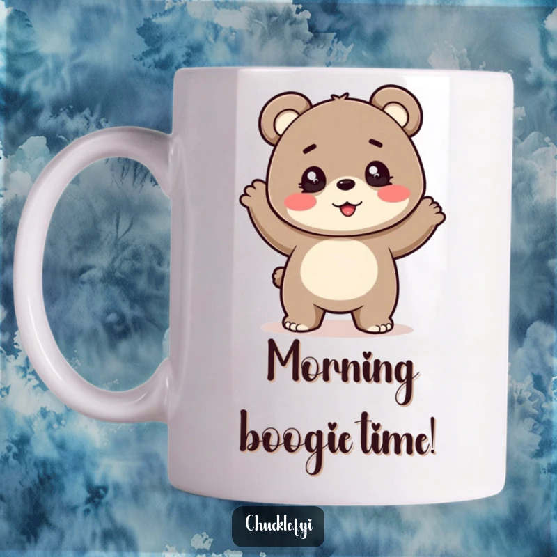 Funny mug: a cheerful bear cub with sparkling eyes energetically doing a silly, bouncy dance. Pure unadulterated joy.