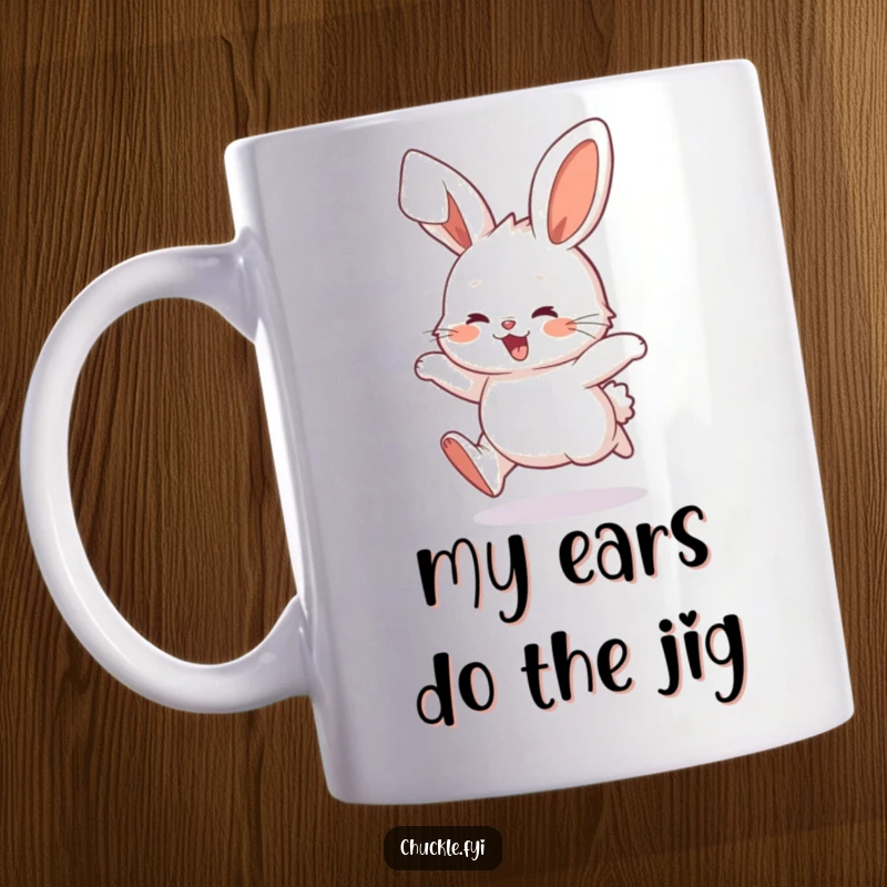 Funny Fluffy Bunny Mug with ears flopping energetically while hopping with pure delight, great for animal lovers and funny gift seekers.