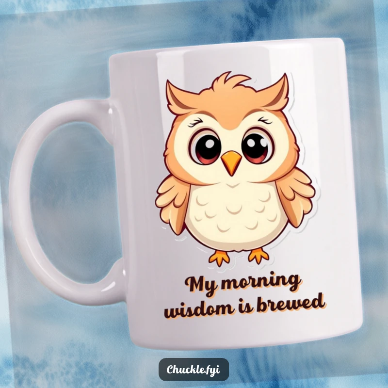 Funny Owl Mug featuring a wide-eyed cartoon owl laughing heartily, its feathers ruffled in amusement, perfect for a giggle.