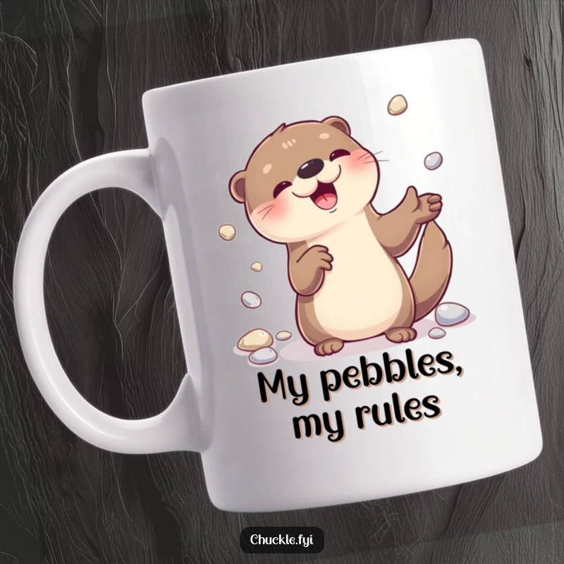 Funny otter juggling shiny pebbles with a happy grin, perfect for a coffee mug gift.