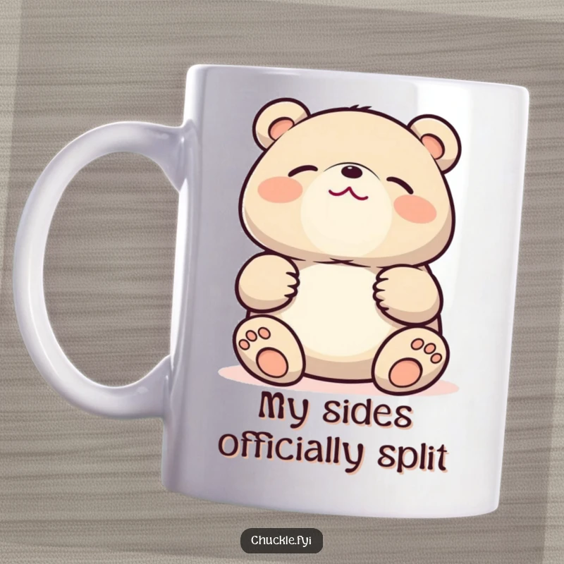 Funny Kawaii bear mug featuring a cute character holding its stomach and laughing hysterically with eyes shut tight in pure amusement.