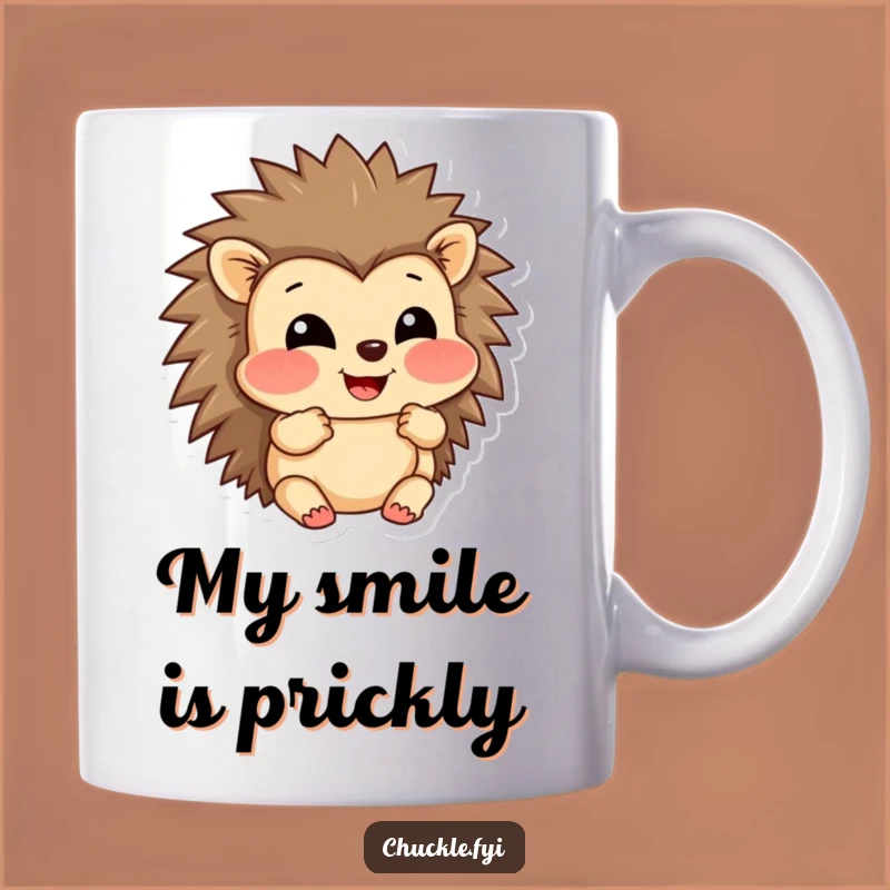 Funny Hedgehog Mug: Grinning with Puffed Cheeks in Amusement