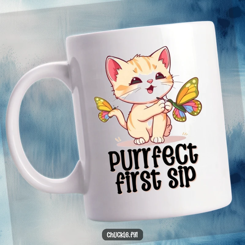 Funny Kitten Mug showing a curious kitten chasing a brightly colored butterfly, purring loudly, capturing playful joy, a funny gift.