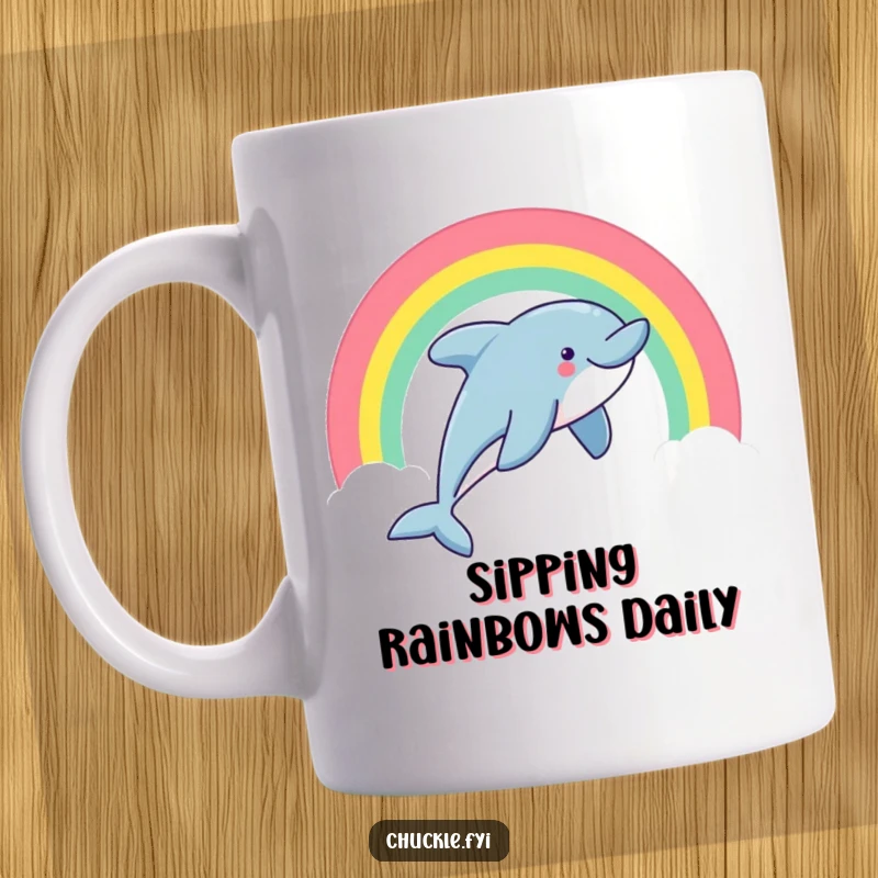 Funny dolphin mug featuring a happy dolphin leaping joyfully through a vibrant rainbow arc, perfect for coffee.