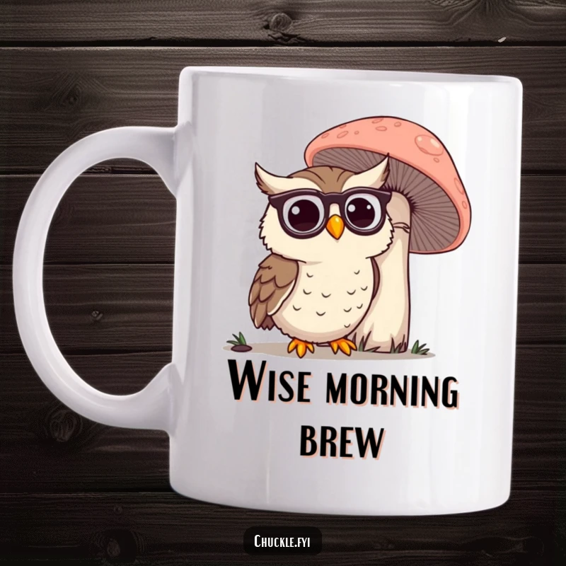 Funny Owl Mug: A happy owl wearing spectacles, peering with curiosity at a giant, fantastical mushroom.