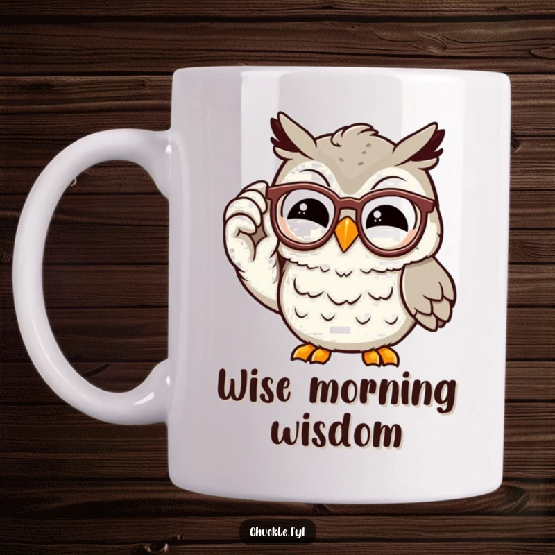 Funny owl mug with a wise, chuckling cartoon character adjusting its spectacles with a knowing grin, radiating clever humor.