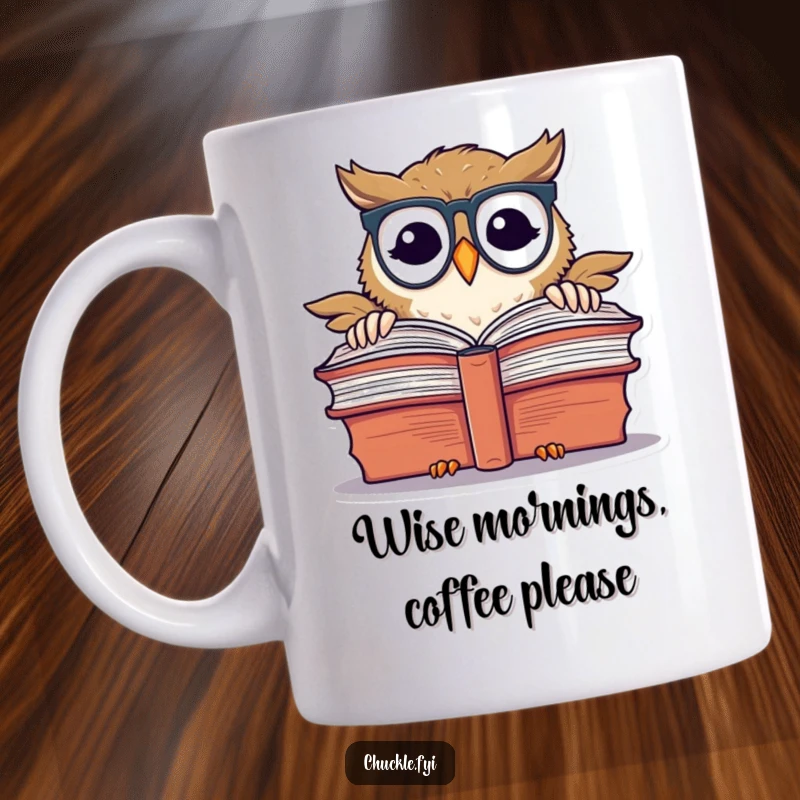 Funny chuckling owl wearing spectacles, peeking over a large book, depicted on a coffee mug.