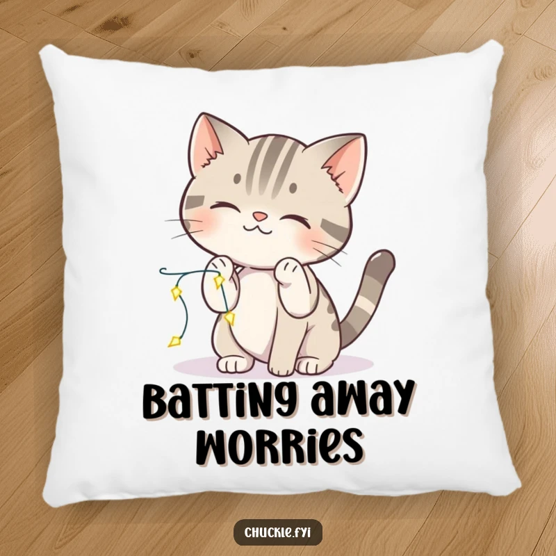 Funny cat pillow with a curious cat batting at tiny, sparkling lights, adding whimsical charm and softness.