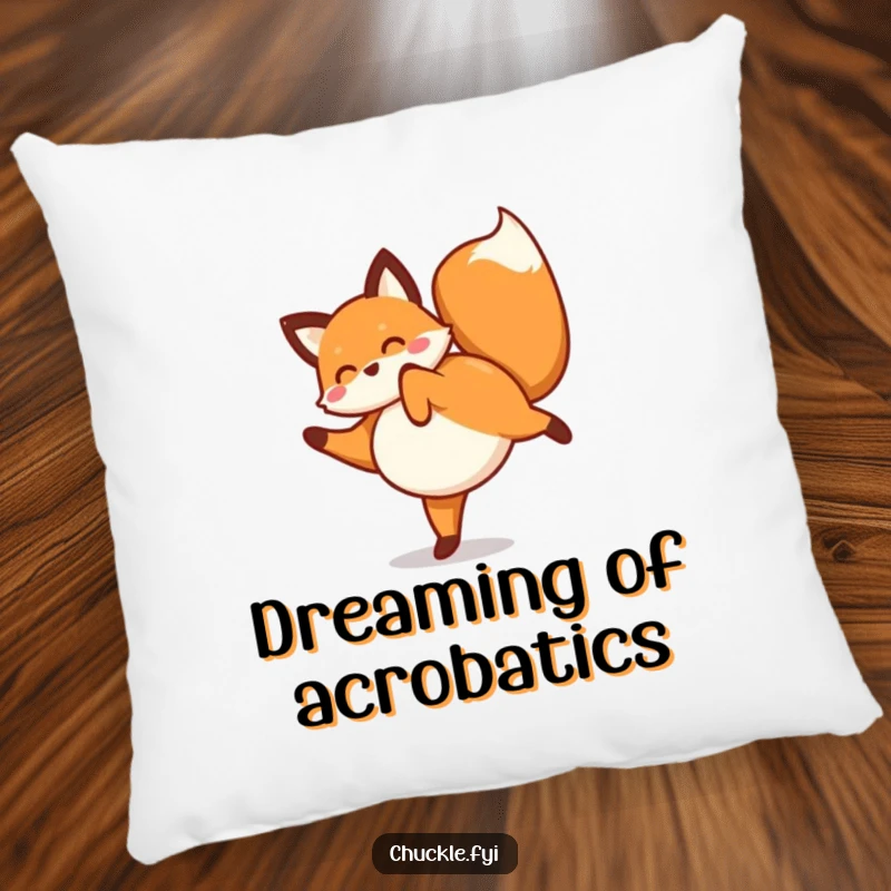 Funny fox pillow with a playful fox doing a happy cartwheel, tail wagging, adding a touch of whimsical humor.