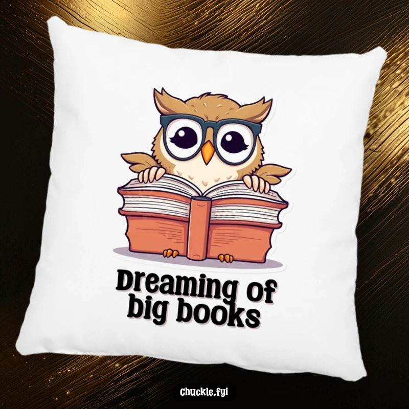 Funny chuckling owl with spectacles, peeking over a book, designed as a pillow.