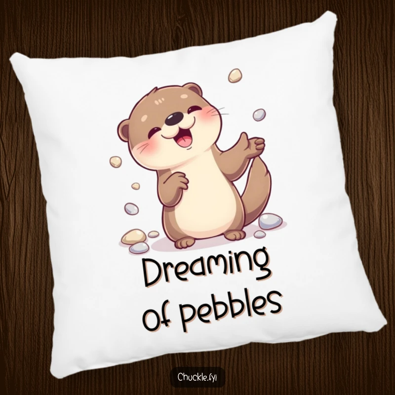 Soft pillow featuring a funny otter character joyfully juggling shiny pebbles, adding a humorous touch.