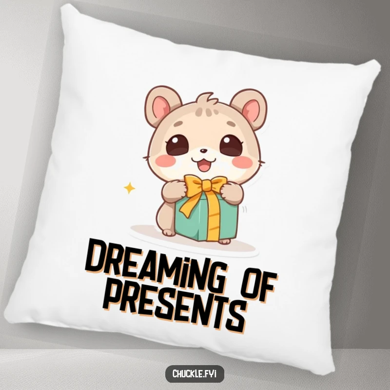 Funny pillow depicting a cute animal character with wide, wondering eyes excitedly unwrapping a gift, bringing comfort and theme of joyful discovery.