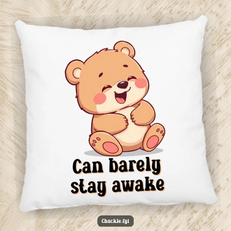 Funny pillow showcasing a little bear cub giggling uncontrollably, holding its belly, offering plush comfort and a hilarious visual.